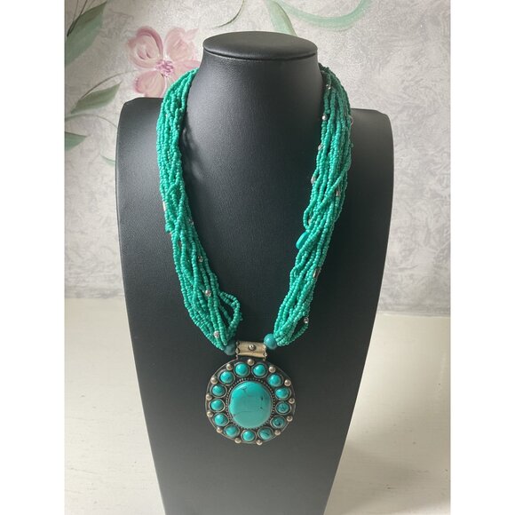 Vintage Turquoise Beaded Necklace With Large Pendant & Adjustable Lobster Clasp - Picture 1 of 4